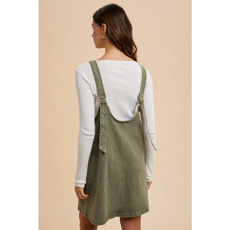 V-Neck Adjustable Strap Denim Overall Dress with Pockets.