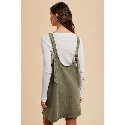 V-Neck Adjustable Strap Denim Overall Dress with Pockets.