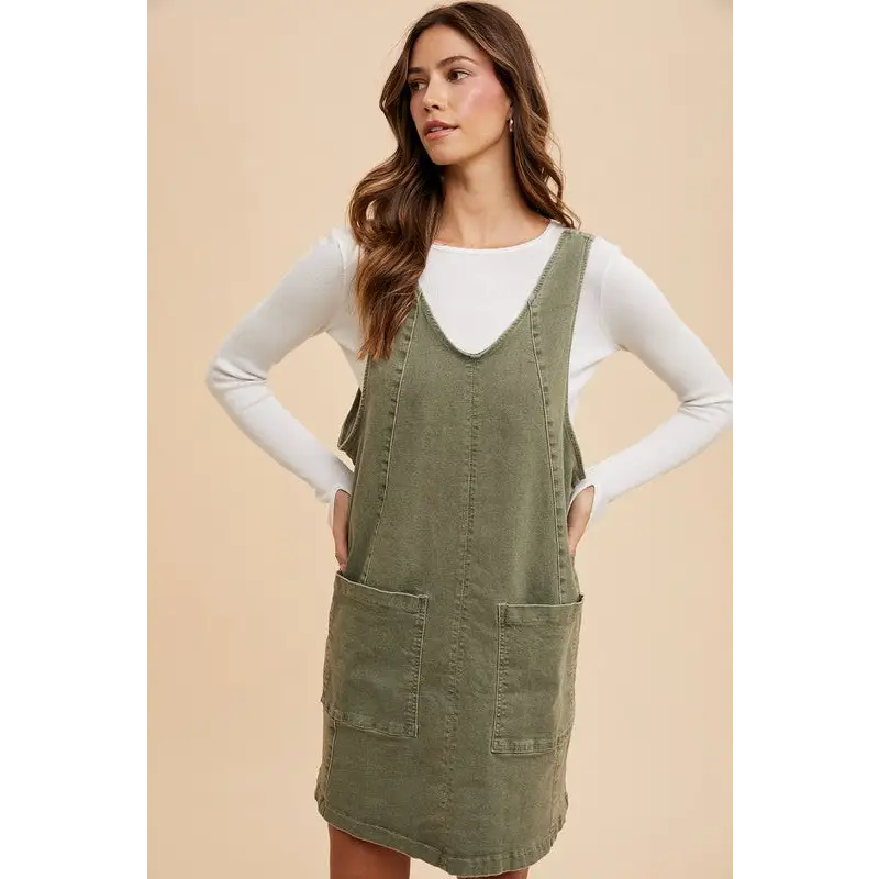 V-Neck Adjustable Strap Denim Overall Dress with Pockets.