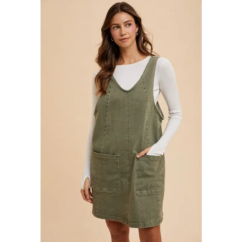 V-Neck Adjustable Strap Denim Overall Dress with Pockets.