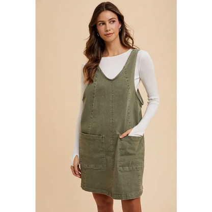 V-Neck Adjustable Strap Denim Overall Dress with Pockets.