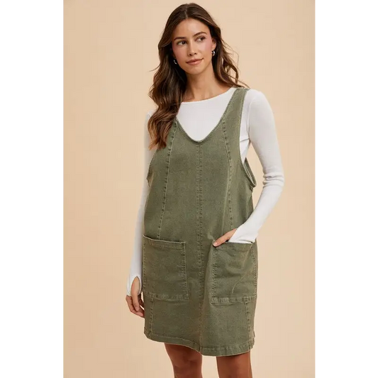 V-Neck Adjustable Strap Denim Overall Dress with Pockets.