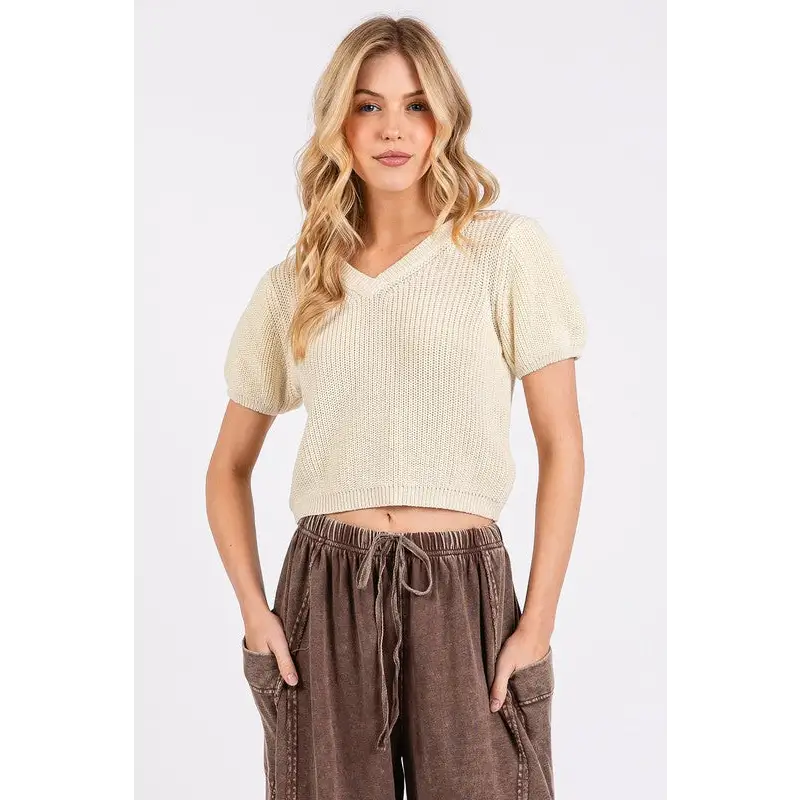 V-Neck Short Sleeve Crop Sweater.