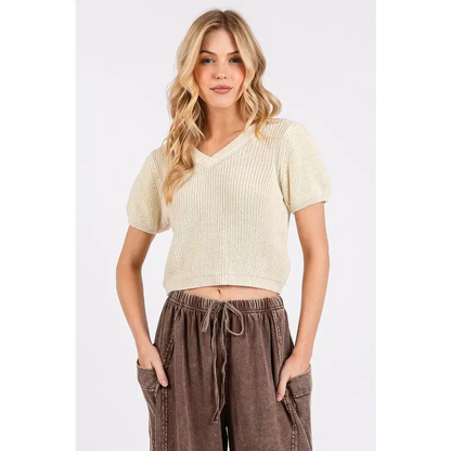 V-Neck Short Sleeve Crop Sweater.