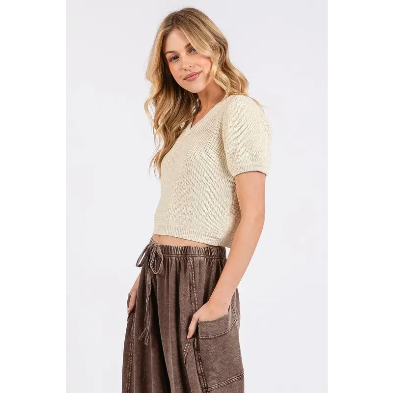 V-Neck Short Sleeve Crop Sweater.