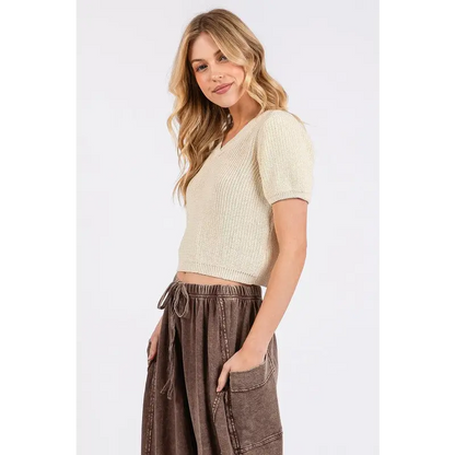 V-Neck Short Sleeve Crop Sweater.
