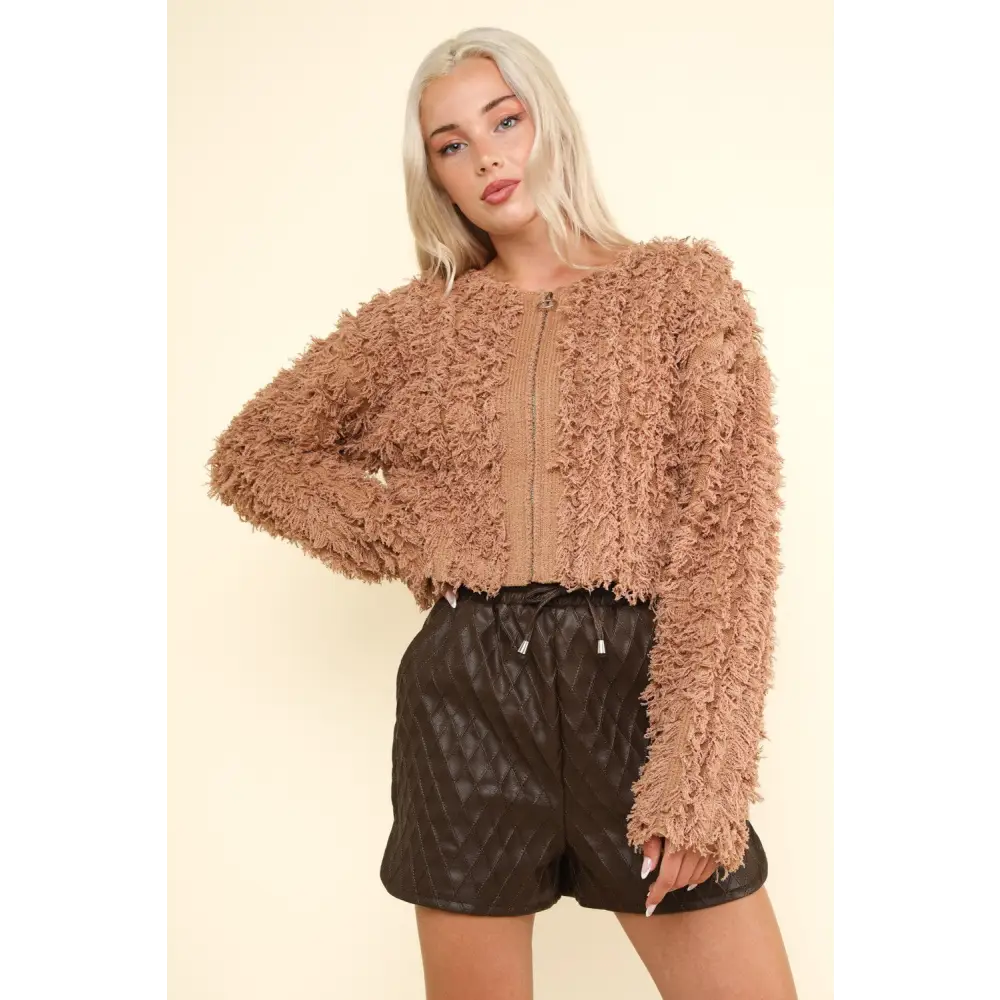 VERY J Shaggy Yarn Knit Zip Up Jacket.