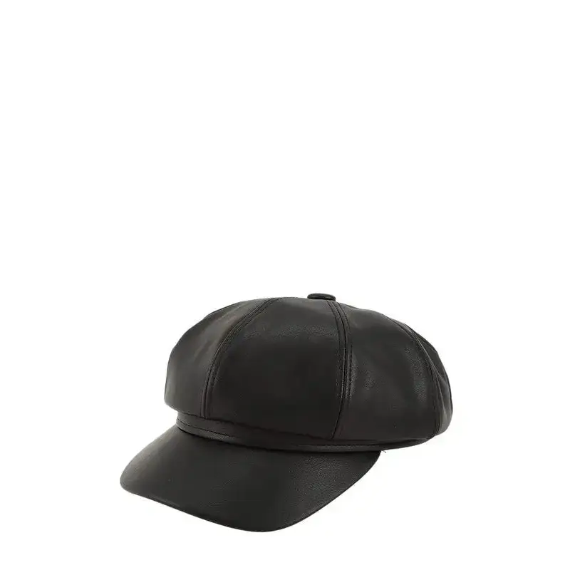 Vintage Faux Leather Solid Beret Cap.