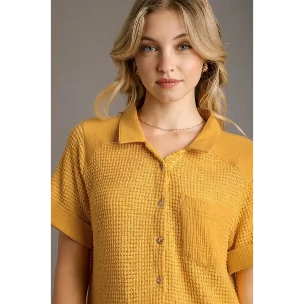 Waffle-Knit Short Sleeve Button Down Shirt.