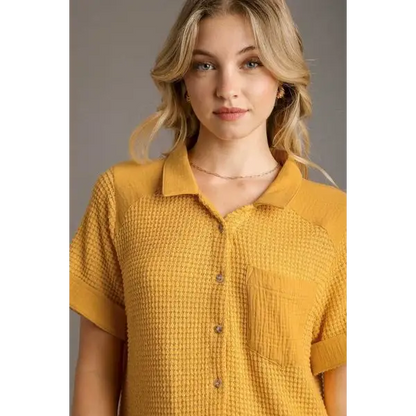 Waffle-Knit Short Sleeve Button Down Shirt.