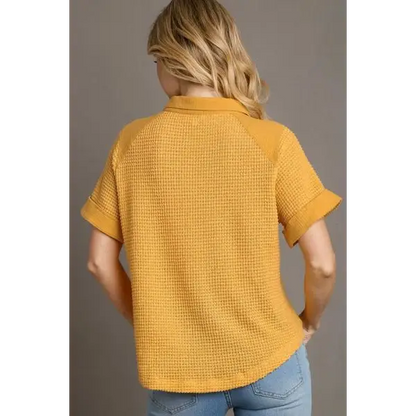 Waffle-Knit Short Sleeve Button Down Shirt.