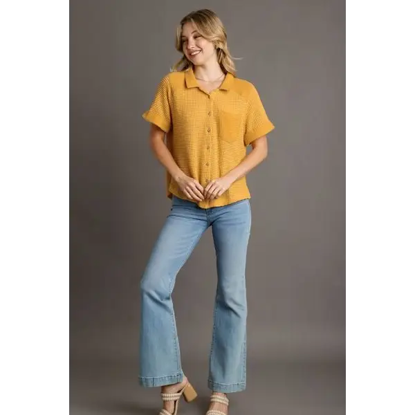 Waffle-Knit Short Sleeve Button Down Shirt.
