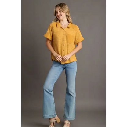 Waffle-Knit Short Sleeve Button Down Shirt.