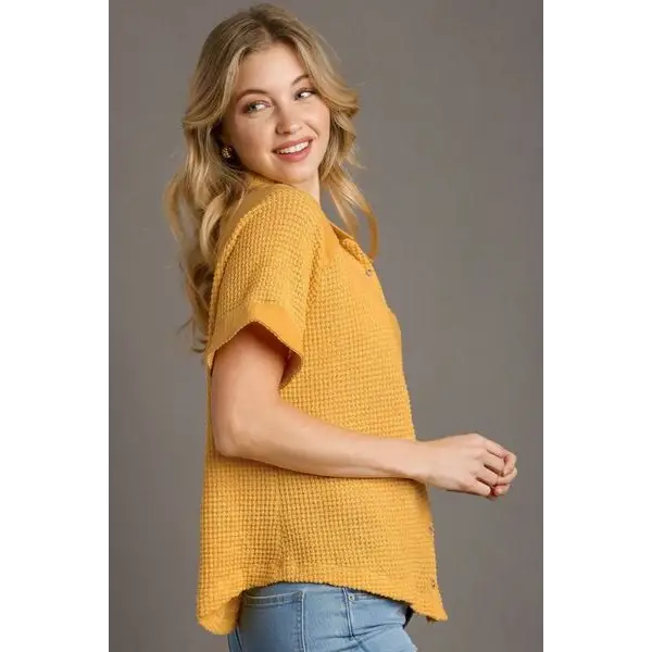 Waffle-Knit Short Sleeve Button Down Shirt.