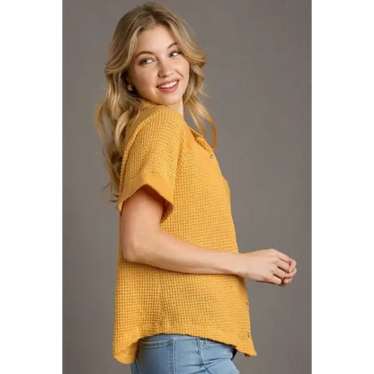 Waffle-Knit Short Sleeve Button Down Shirt.