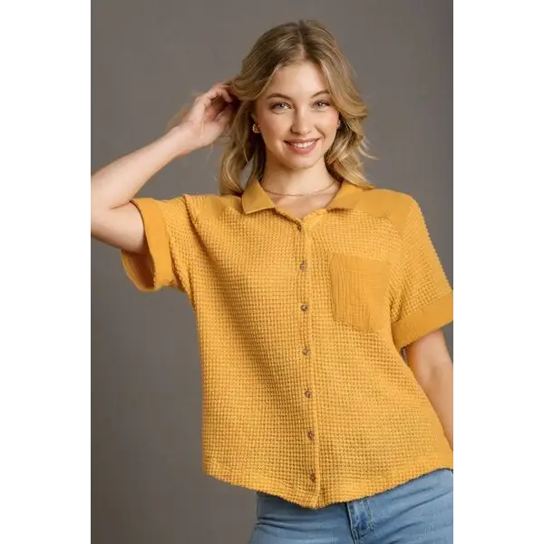 Waffle-Knit Short Sleeve Button Down Shirt.