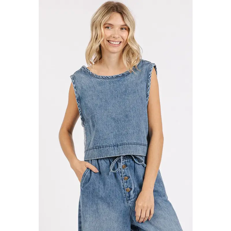 Washed Denim Distressed Detail Crop Tank.