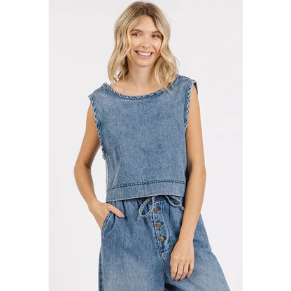 Washed Denim Distressed Detail Crop Tank.