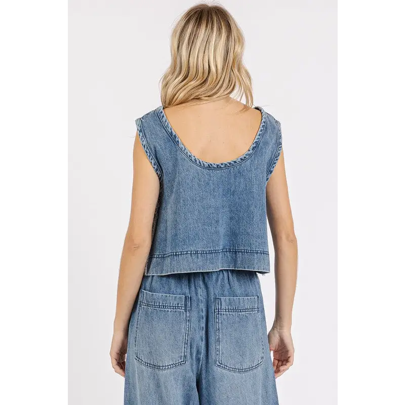 Washed Denim Distressed Detail Crop Tank.