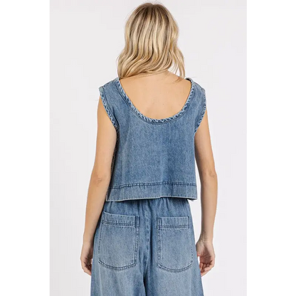 Washed Denim Distressed Detail Crop Tank.