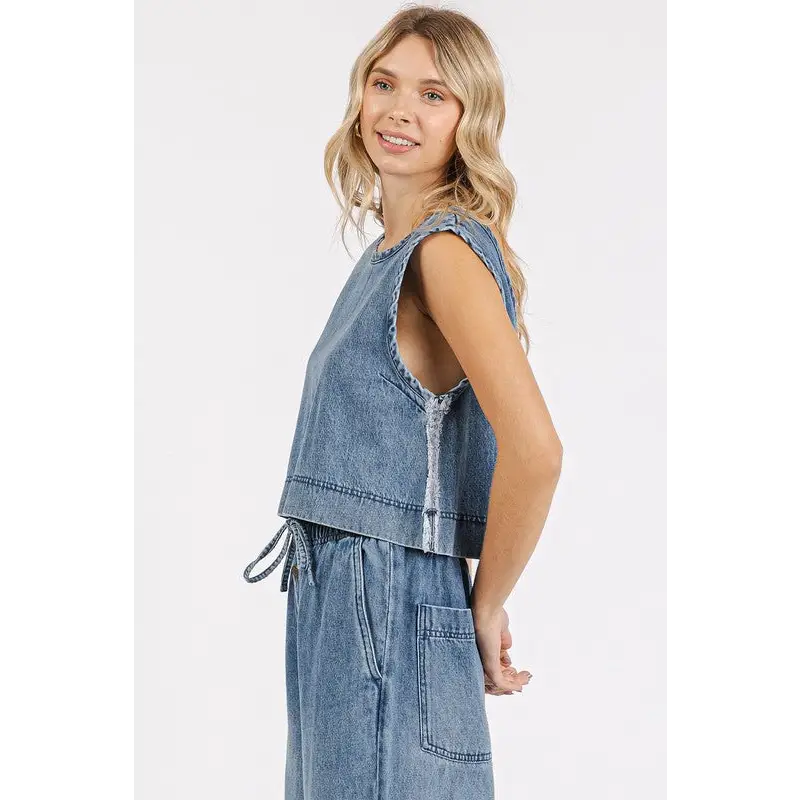 Washed Denim Distressed Detail Crop Tank.
