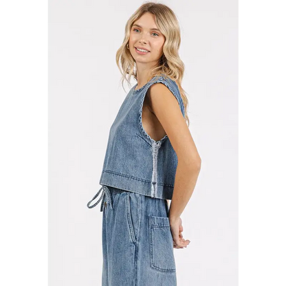 Washed Denim Distressed Detail Crop Tank.