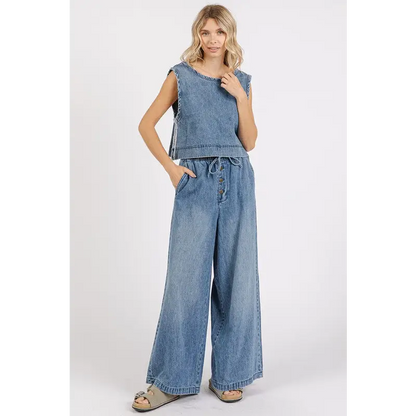 Washed Denim Distressed Detail Crop Tank.