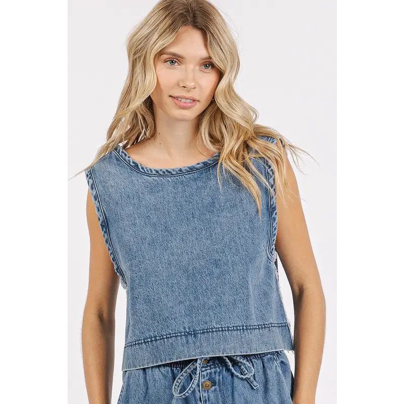 Washed Denim Distressed Detail Crop Tank.