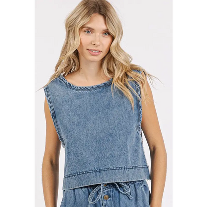 Washed Denim Distressed Detail Crop Tank.