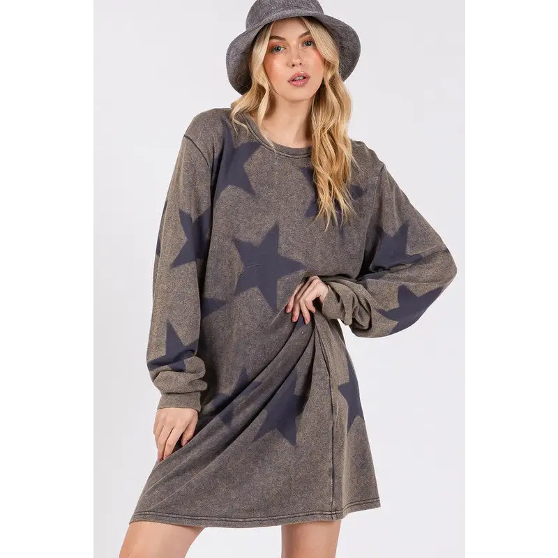 Washed Star Print Round Neck Dress.