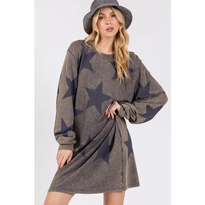 Washed Star Print Round Neck Dress.