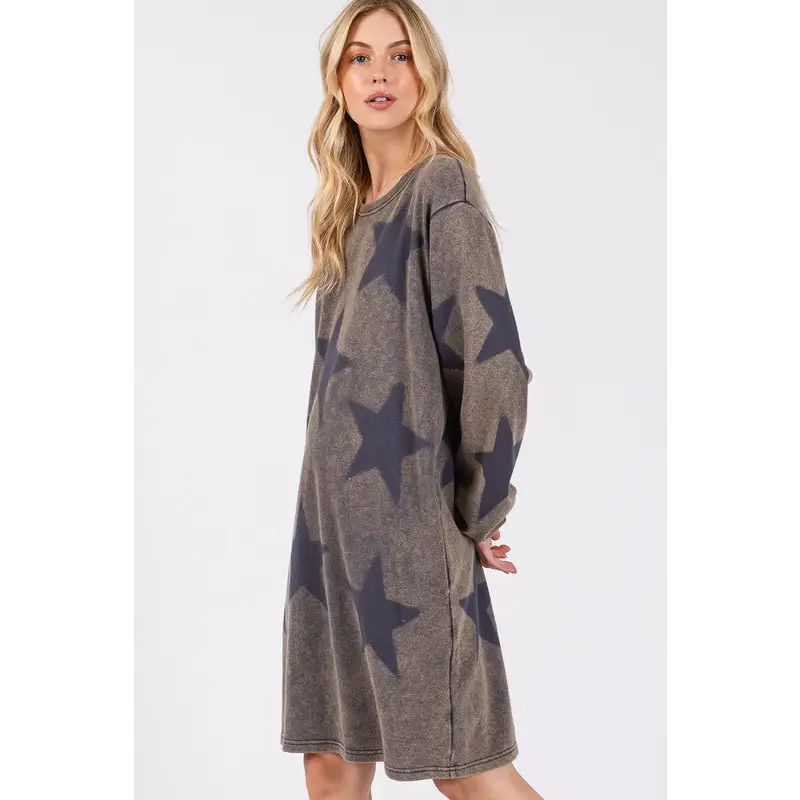 Washed Star Print Round Neck Dress.