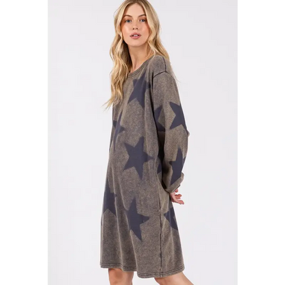 Washed Star Print Round Neck Dress.