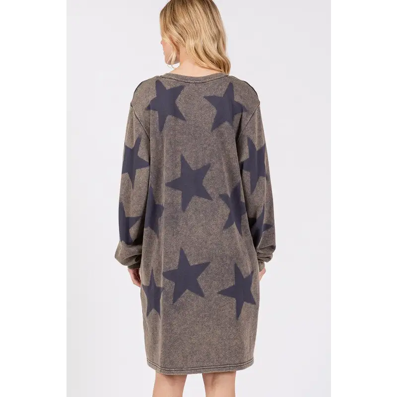 Washed Star Print Round Neck Dress.