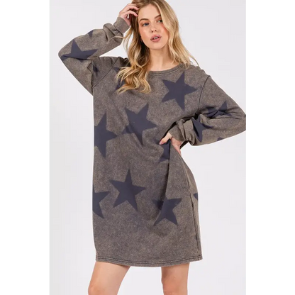 Washed Star Print Round Neck Dress.