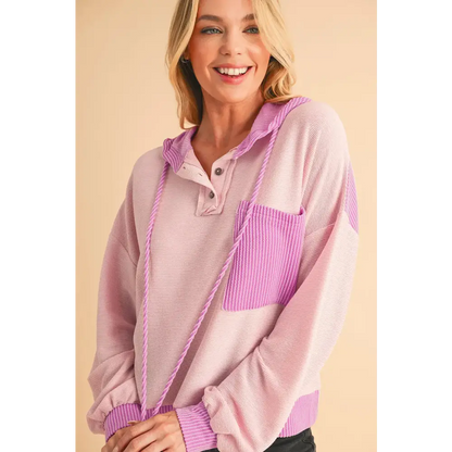 White Corded Patch Pocket Drawstring Henley Long Sleeve Top.
