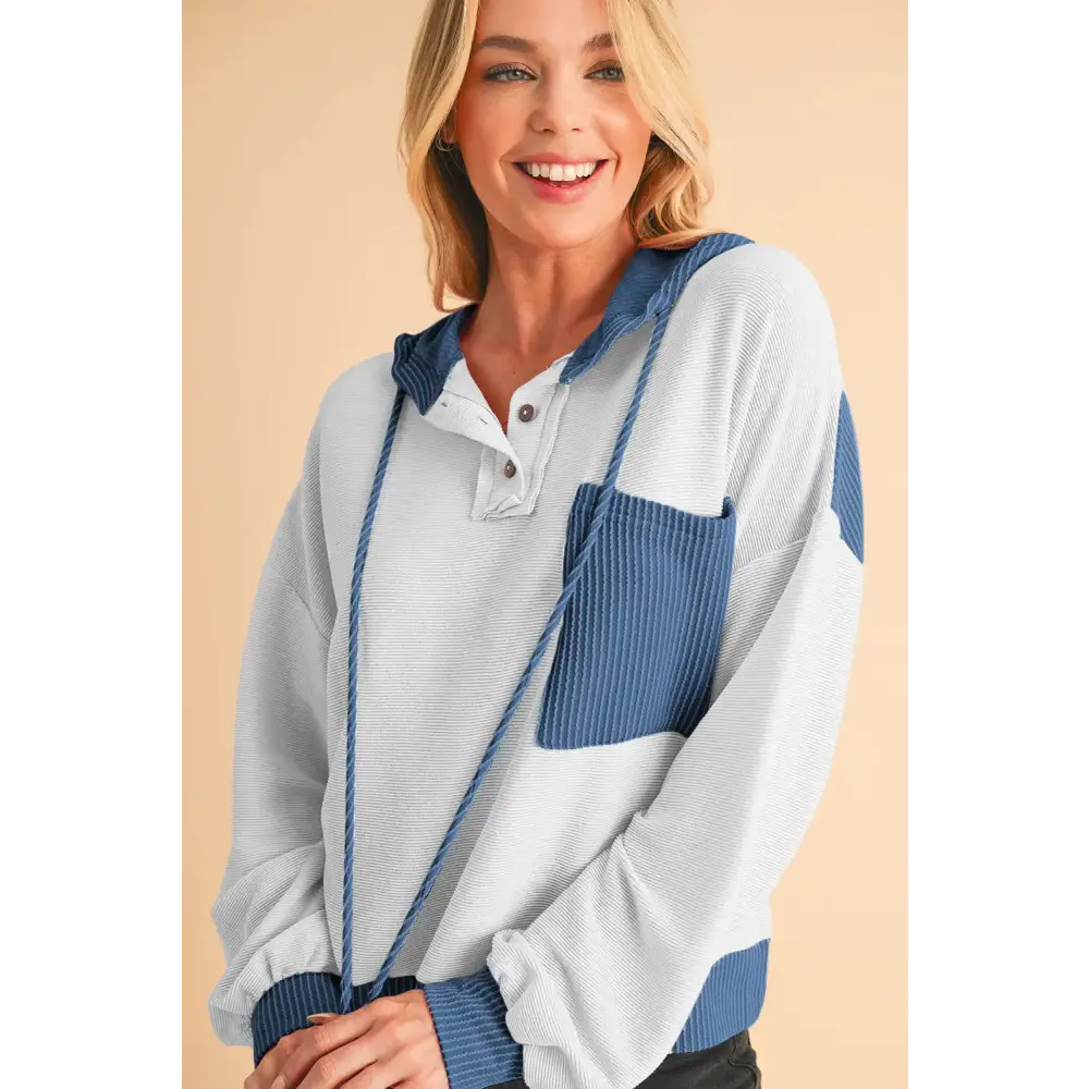 White Corded Patch Pocket Drawstring Henley Long Sleeve Top.