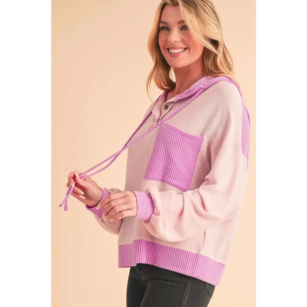 White Corded Patch Pocket Drawstring Henley Long Sleeve Top.