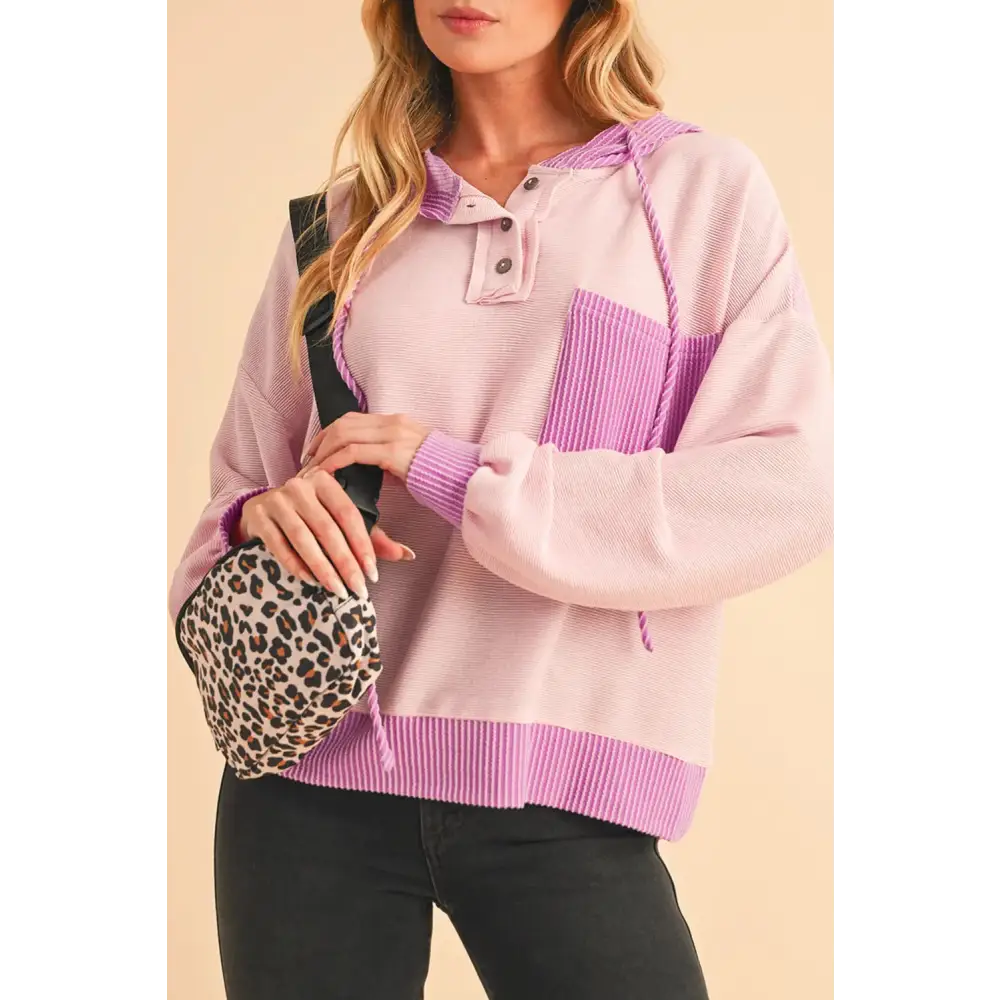 White Corded Patch Pocket Drawstring Henley Long Sleeve Top.
