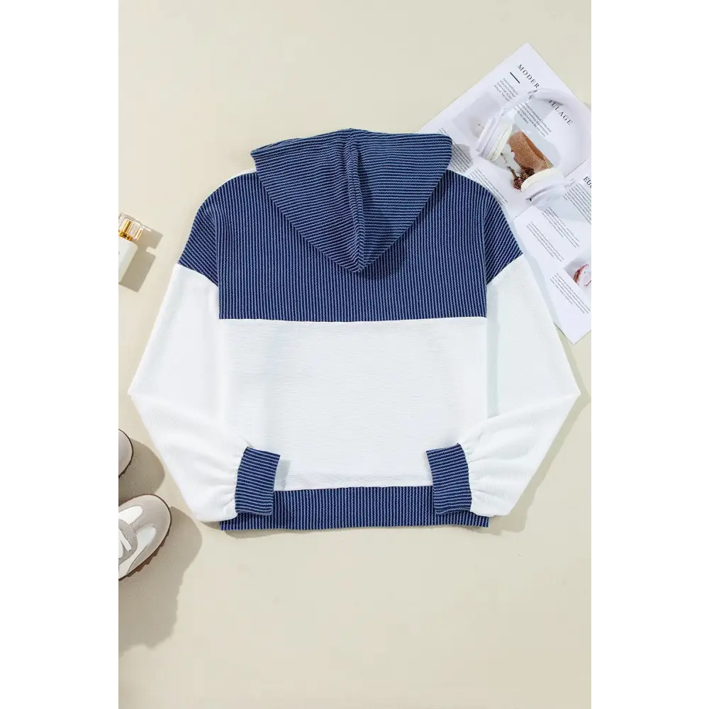 White Corded Patch Pocket Drawstring Henley Long Sleeve Top.