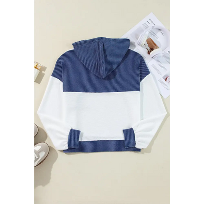 White Corded Patch Pocket Drawstring Henley Long Sleeve Top.