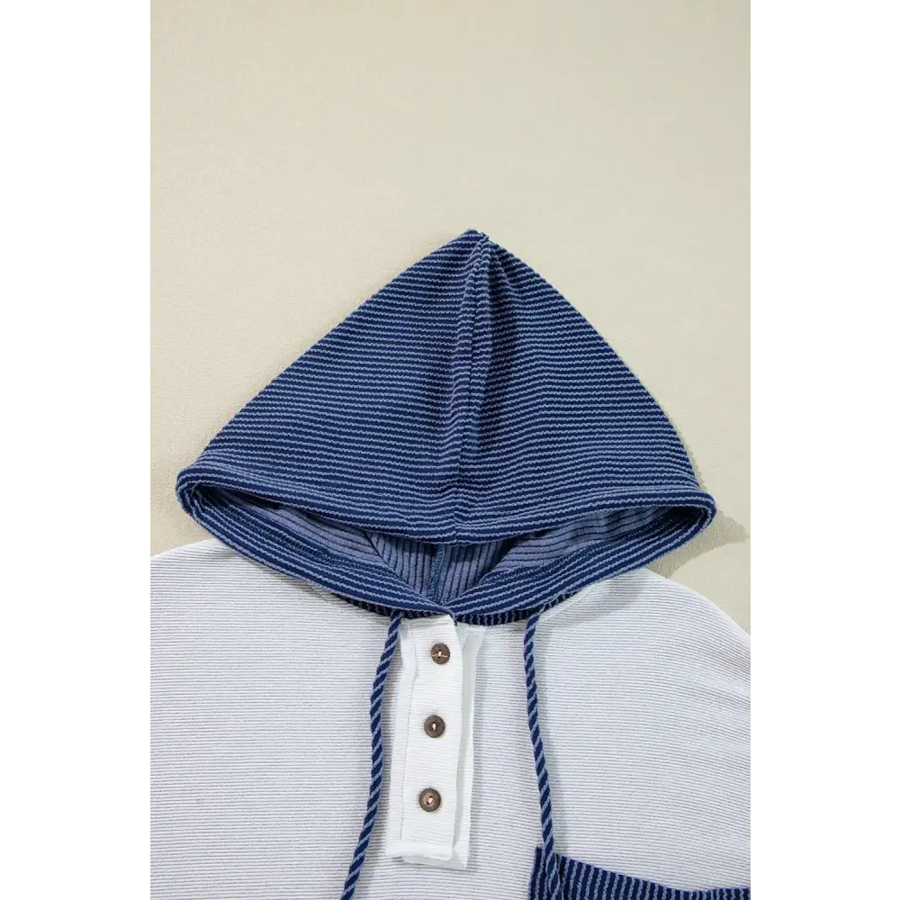 White Corded Patch Pocket Drawstring Henley Long Sleeve Top.