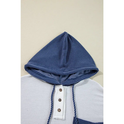 White Corded Patch Pocket Drawstring Henley Long Sleeve Top.