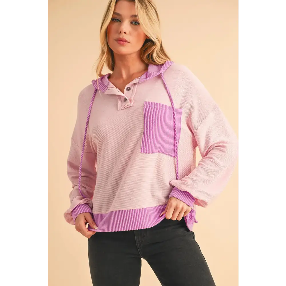 White Corded Patch Pocket Drawstring Henley Long Sleeve Top.