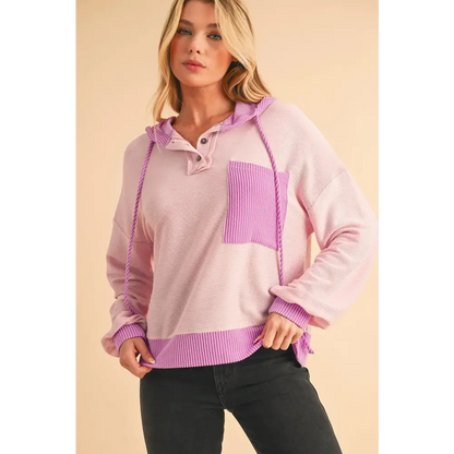 White Corded Patch Pocket Drawstring Henley Long Sleeve Top.