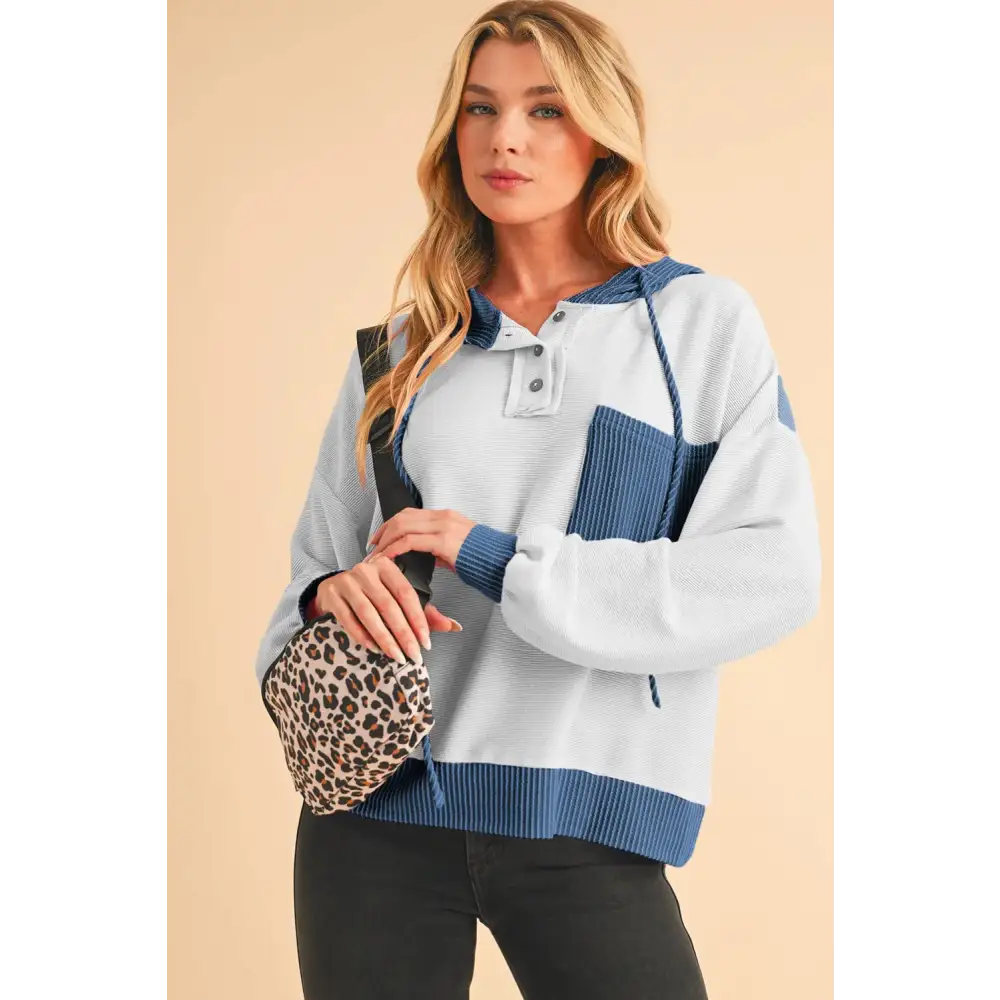 White Corded Patch Pocket Drawstring Henley Long Sleeve Top.