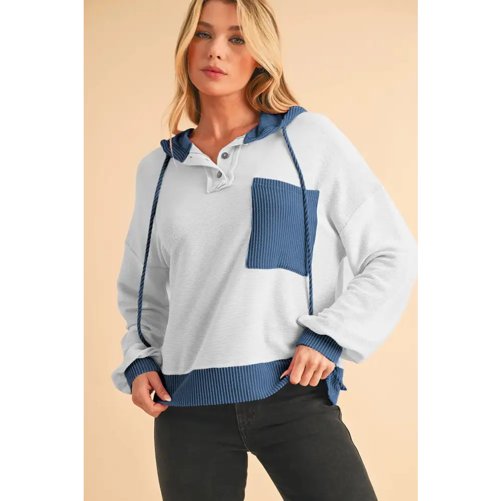 White Corded Patch Pocket Drawstring Henley Long Sleeve Top.