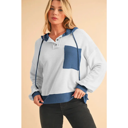 White Corded Patch Pocket Drawstring Henley Long Sleeve Top.