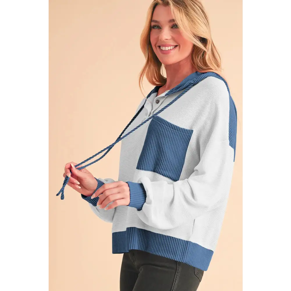White Corded Patch Pocket Drawstring Henley Long Sleeve Top.