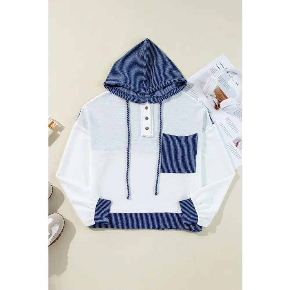 White Corded Patch Pocket Drawstring Henley Long Sleeve Top.